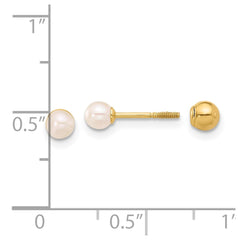14k 3-4mm Round Freshwater Cultured Pearl Front and Back Ball Post Screwback Earrings