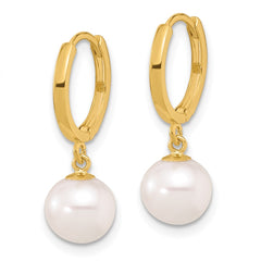 14k 7-8mm White Round Freshwater Cultured Pearl Dangle Hoop Earrings