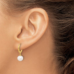 14k 7-8mm White Round Freshwater Cultured Pearl Dangle Hoop Earrings