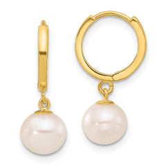 14k 7-8mm White Round Freshwater Cultured Pearl Dangle Hoop Earrings