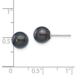 14k White Gold 7-8mm Black Round Akoya Saltwater Cultured Pearl Post Earrings