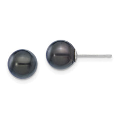 14k White Gold 7-8mm Black Round Akoya Saltwater Cultured Pearl Post Earrings