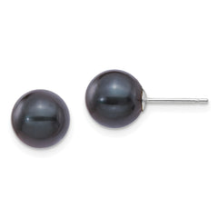 14k White Gold 8-9mm Black Round Black Akoya Saltwater Cultured Pearl Post Earrings
