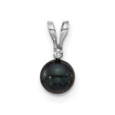 14k White Gold 5-6mm Black Round Akoya Saltwater Cultured Pearl and .01 Carat Diamond Pendant