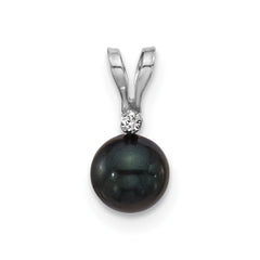 14k White Gold 5-6mm Black Round Akoya Saltwater Cultured Pearl and .01 Carat Diamond Pendant