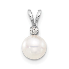 14k White Gold 6-7mm White Round Akoya Saltwater Pearl and .03 Carat Diamond Pendant