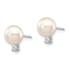 14k White Gold 6-7mm White Round Akoya Saltwater Cultured Pearl and .06 Carat Diamond Post Earrings
