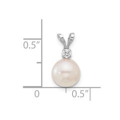 14k White Gold 7-8mm White Round Akoya Saltwater Cultured Pearl and .05 Carat Diamond Pendant