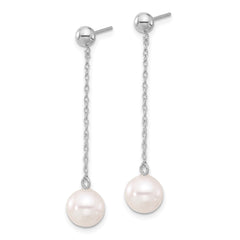 14kw 7-8mm White Round Freshwater Cultured Pearl Post Dangle Earrings