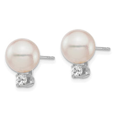14k White Gold 8-9mm White Round Akoya Saltwater Cultured Pearl and .20 Carat Diamond Post Earrings