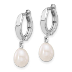 14k White Gold 6-7mm White Teardrop Freshwater Cultured Pearl Hoop Dangle Earrings