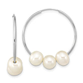 14k White Gold 6-7mm White Semi-Round Freshwater Cultured 3 Pearl Hoop Earrings
