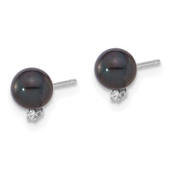 14k White Gold 5-6mm Black Round Akoya Saltwater Cultured Pearl and .02 Carat Diamond Post Earrings