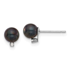 14k White Gold 5-6mm Black Round Akoya Saltwater Cultured Pearl and .02 Carat Diamond Post Earrings