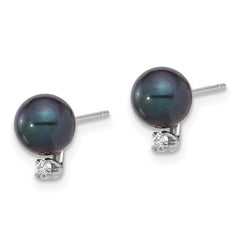 14k White Gold 6-7mm Black Round Akoya Saltwater Cultured Pearl and .06 Carat Diamond Post Earrings