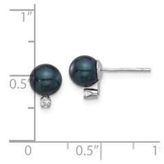 14k White Gold 6-7mm Black Round Akoya Saltwater Cultured Pearl and .06 Carat Diamond Post Earrings