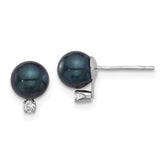 14k White Gold 6-7mm Black Round Akoya Saltwater Cultured Pearl and .06 Carat Diamond Post Earrings