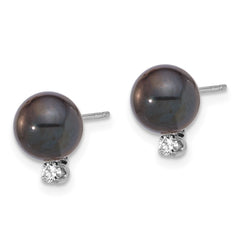 14k White Gold 7-8mm Black Round Akoya Saltwater Cultured Pearl and .10 Carat Diamond Post Earrings