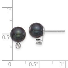 14k White Gold 7-8mm Black Round Akoya Saltwater Cultured Pearl and .10 Carat Diamond Post Earrings