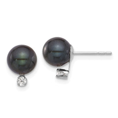 14k White Gold 7-8mm Black Round Akoya Saltwater Cultured Pearl and .10 Carat Diamond Post Earrings