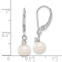 14k White Gold 7-8mm White Round Freshwater Cultured Pearl and .10 Carat Diamond Dangle Leverback Earrings