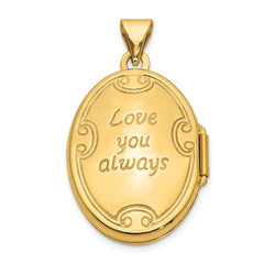 14k Polished Leaf Swirl Design with LOVE YOU ALWAYS on Reverse 21mm Oval Locket