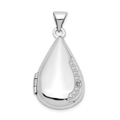 14K White Gold Polished Diamond 21x13mm Teardrop Locket