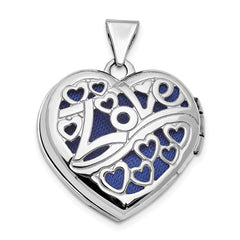 14k White Gold Heart Border Reverses to Cut-out LOVE with Blue Fabric Interior 19mm Heart Locket