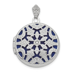 14k White Gold .01ct Diamond Vintage Filigree with Blue Fabric Interior 20mm Round Locket