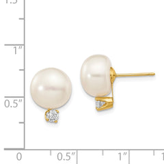 14k 10-11mm White Button Freshwater Cultured Pearl and .2 Carat Diamond Post Earrings