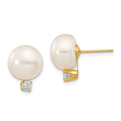 14k 10-11mm White Button Freshwater Cultured Pearl and .2 Carat Diamond Post Earrings