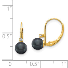 14k 5-6mm Black FW Cultured Pearl AA Diamond Leverback Earrings
