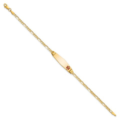 14K Medical Solid Chain/Solid Plate 26x7mm Soft Diamond Shape Off-Center Red Enamel Figaro Link 8 inch ID Bracelet