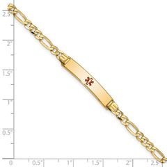 14K Medical Solid Chain/Solid Plate 26x5mm Centered Red Enamel Figaro Link 7 inch ID Bracelet