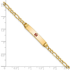 14K Medical Semi-Solid Chain/Solid Plate 26x5mm Centered Red Enamel Figaro Link 8 inch ID Bracelet