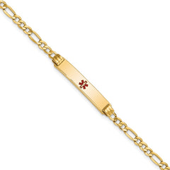 14K Medical Semi-Solid Chain/Solid Plate 26x5mm Centered Red Enamel Figaro Link 8 inch ID Bracelet