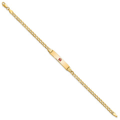 14K Medical Semi-Solid Chain/Solid Plate 26x5mm Centered Red Enamel Cuban Link 8 inch ID Bracelet