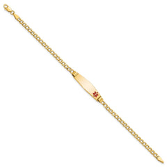 14K Medical Semi-Solid Chain/Solid Plate 26x7mm Soft Diamond Shape Off-Center Red Enamel Cuban Link 8 inch ID Bracelet