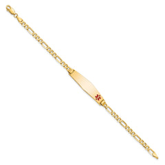 14K Medical Solid Chain/Solid Plate Soft Diamond Shape 33x8mm Off-Center Red Enamel Flat Figaro Link 7 inch ID Bracelet - 2