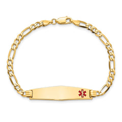 14K Medical Solid Chain/Solid Plate Soft Diamond Shape 33x8mm Off-Center Red Enamel Flat Figaro Link 7 inch ID Bracelet - 2