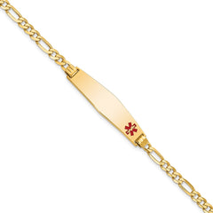 14K Medical Solid Chain/Solid Plate Soft Diamond Shape 33x8mm Off-Center Red Enamel Flat Figaro Link 7 inch ID Bracelet - 2