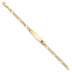 14K Medical Solid Chain/Solid Plate Soft Diamond Shape 33x8mm Off-Center Red Enamel Flat Figaro Link 8 inch ID Bracelet - 2