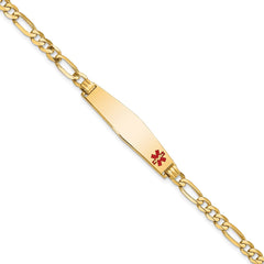 14K Medical Solid Chain/Solid Plate Soft Diamond Shape 33x8mm Off-Center Red Enamel Flat Figaro Link 8 inch ID Bracelet - 2