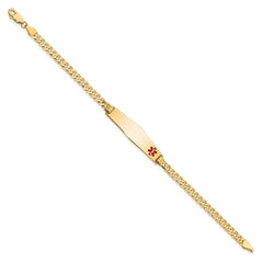 14K Medical Solid Chain/Solid Plate Soft Diamond Shape 33x8mm Off-Center Red Enamel Flat Curb Link 8 inch ID Bracelet