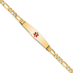 14K Medical Solid Chain/Solid Plate Soft Diamond Shape 36x9mm Centered Red Enamel Figaro Link 7 inch ID Bracelet