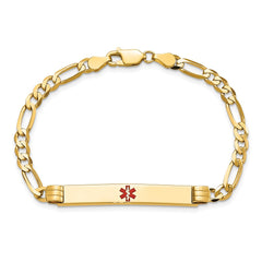 14K Medical Solid Chain/Solid Plate 37x6mm Centered Red Enamel Figaro Link 7 inch ID Bracelet