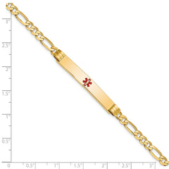14K Medical Solid Chain/Solid Plate 37x6mm Centered Red Enamel Figaro Link 8 inch ID Bracelet