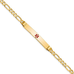 14K Medical Solid Chain/Solid Plate 37x6mm Centered Red Enamel Figaro Link 7 inch ID Bracelet