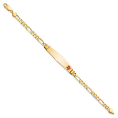 14K Medical Solid Chain/Solid Plate Soft Diamond Shape 36x9mm Off-Center Red Enamel Figaro Link 8 inch ID Bracelet