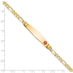 14K Medical Solid Chain/Solid Plate Soft Diamond Shape 36x9mm Off-Center Red Enamel Figaro Link 8 inch ID Bracelet